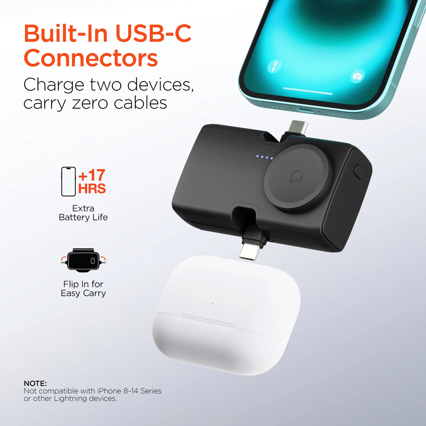 HyperGear Powerbank Nano Ultra-Mini 5000mAh 20W USB-C PD Dual USB-C connectors Magnetic Charging for Apple Watch and Kickstand - Black