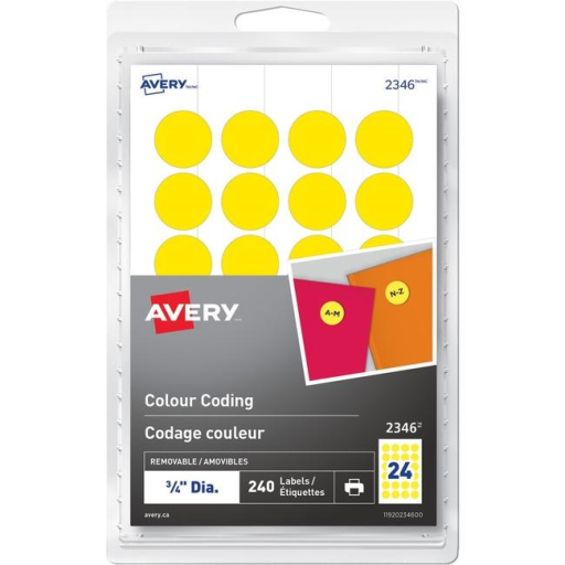 2346 Avery® Removable Colour Coding Labels for Laser and Inkjet Printers, ¾" Yellow / Removable