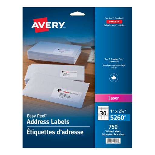 5260 WHITE, EASY PEEL, 2 5/8" X 1", PERMANENT, 25 SHEETS/EN