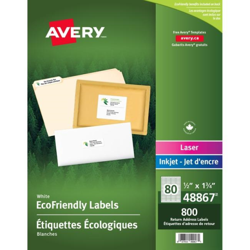 48867 ECO WHITE MAILING LABEL, PERMANENT, 1/2" X 1 3/4", 10