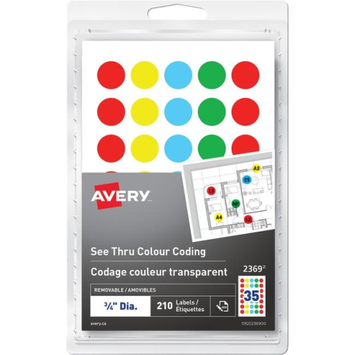 2369 Avery® See Thru Removable Colour Coding Labels Handwrite, ¾ Assorted Colours / Removable