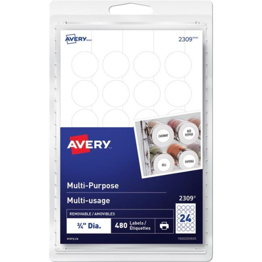 Avery® Multi-Purpose Removable Labels for laser and inkjet printers, ¾" Removable Matte White Paper / White / Removable