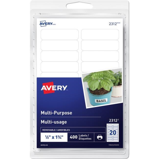 Avery® Multi-Purpose Removable Labels for laser or inkjet printers, ½" x 1¾" Removable Matte White Paper / White / Removable