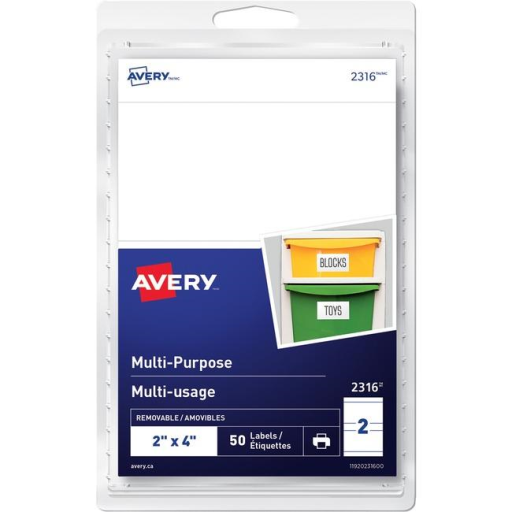 2316 Avery® Multi-Purpose Removable Labels for laser and inkjet printers, 2" x 4" Removable Matte White Paper / White / Removable