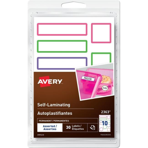 2363Avery® Self-Laminating Labels Handwrite, Assorted Sizes Assorted Colours / Permanent