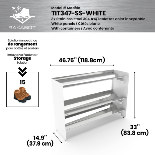 Commercial rustproof shoe and boot rack / 3 Tier / Shelf 46.25" stainless / Whitepanels / Store 15 pairs / Rakabot Titan