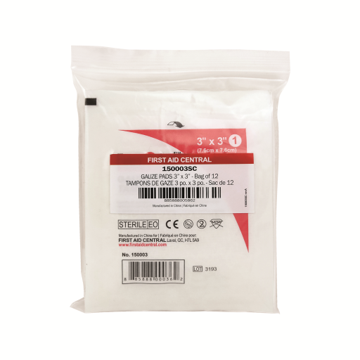 Gauze Pads, Sterile, 7.6 x 7.6 cm (3" x 3"), 12 per Bag