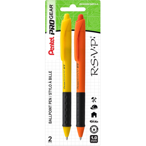 R.S.V.P. Safety Colour Barrel Ballpoint Pen Retractable, Black Ink, 2PC Pack