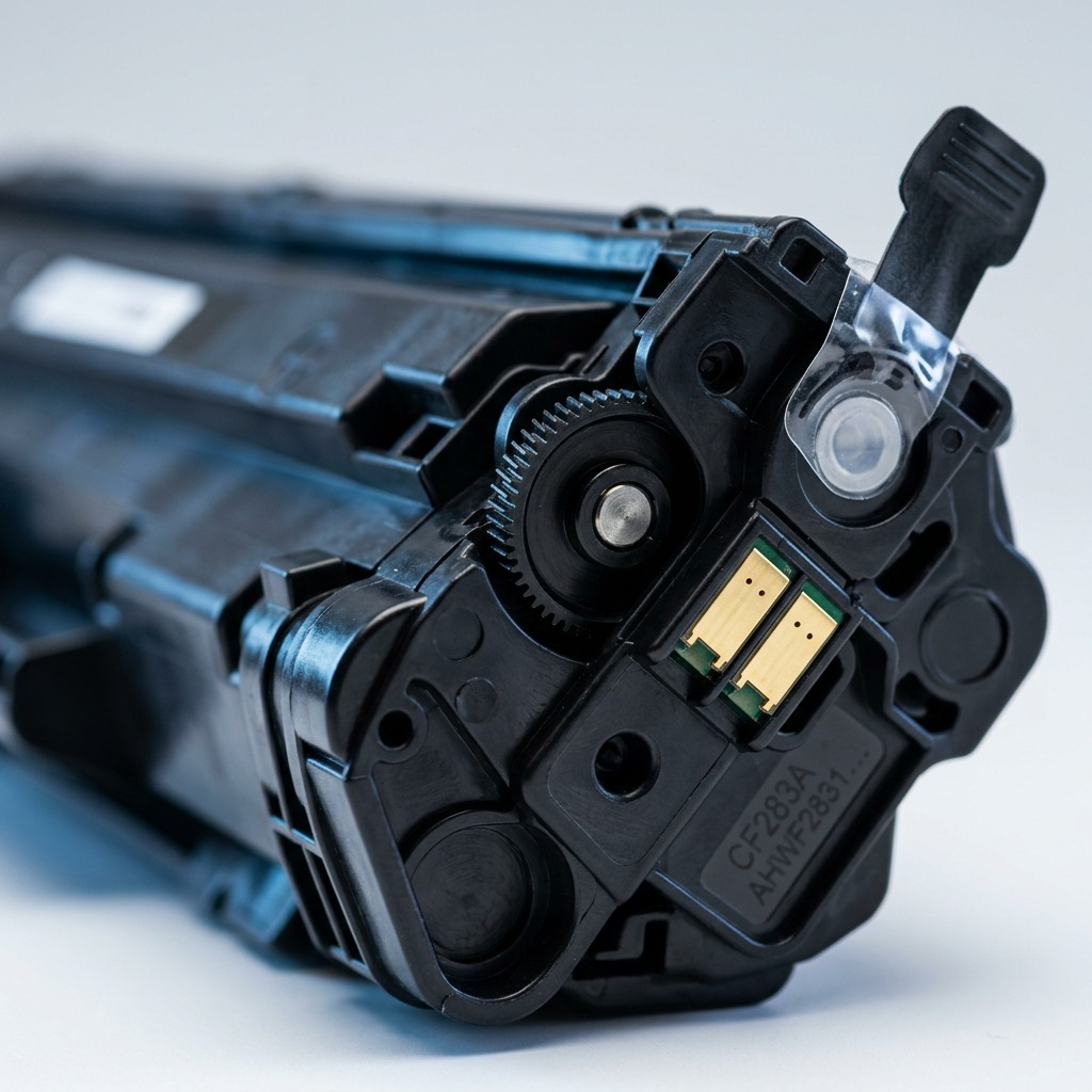 Macro close-up of the gold-plated electrical contacts, drive gear, and seams on a black toner cartridge.