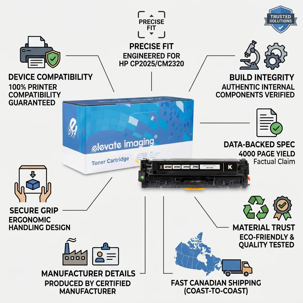 Trust-building infographic for Elevate Imaging remanufactured HP CE410X toner. Icons feature compatibility, build, yield, material trust, and fast Canadian shipping.