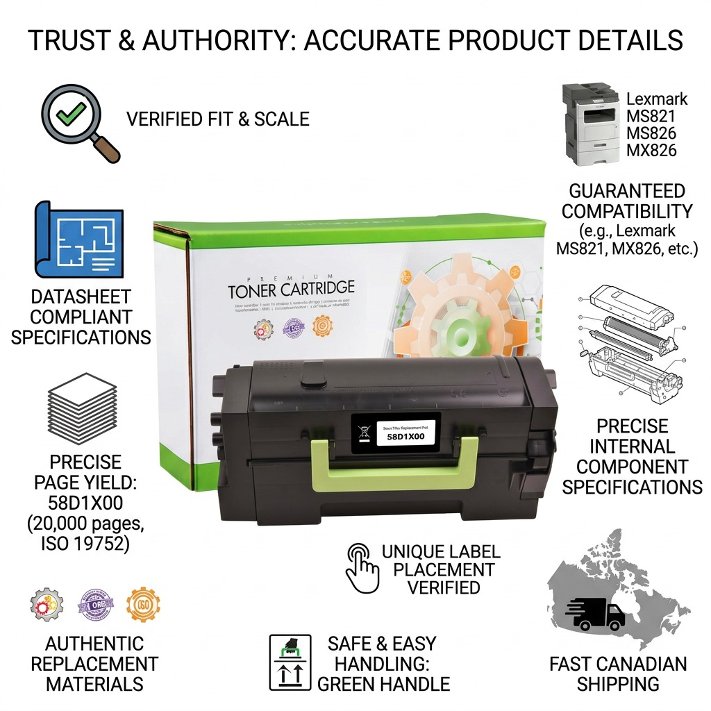 Infographic for Static Control 58D1X00 toner cartridge with icons for fit, compatibility, and fast Canadian shipping.