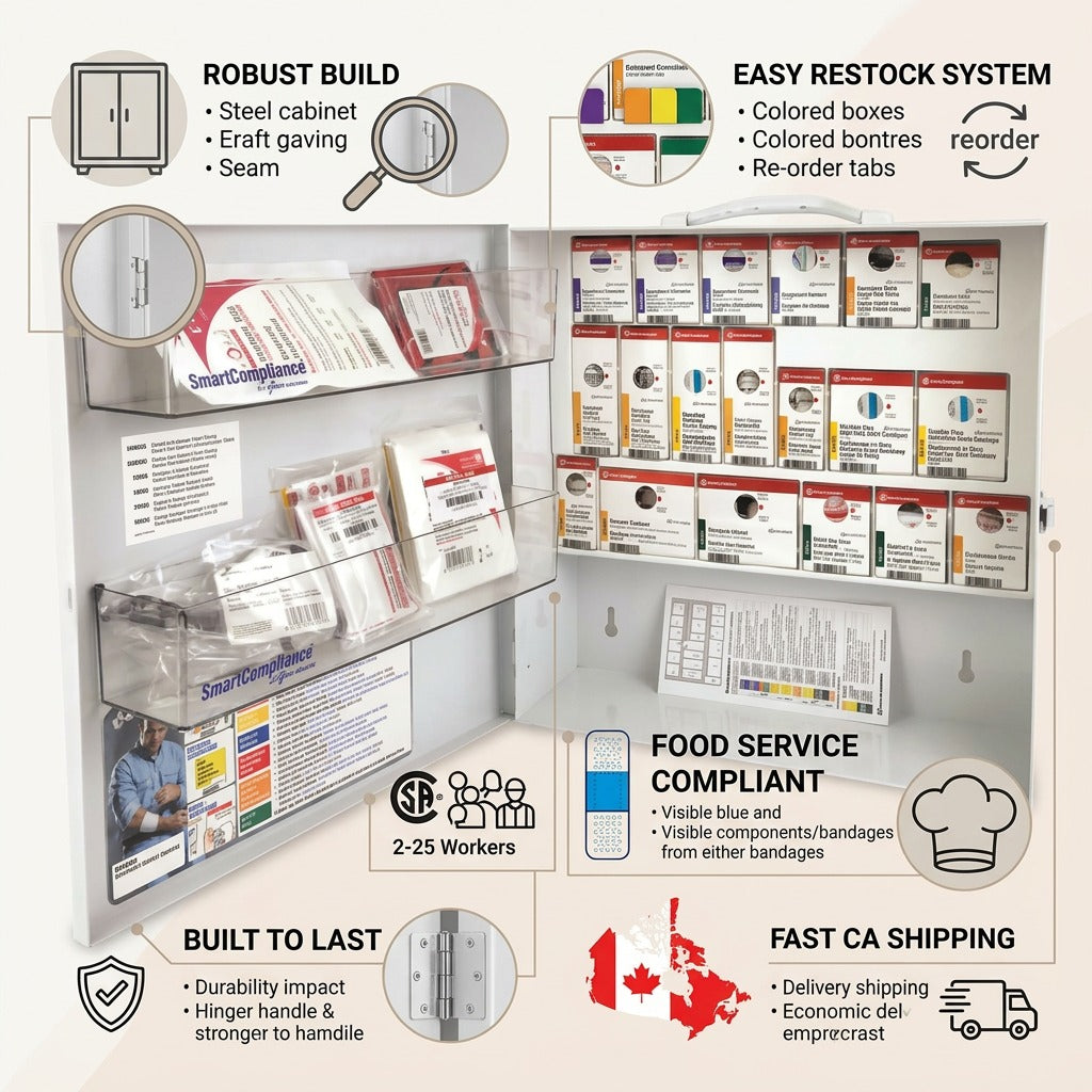 A clean infographic featuring the SmartCompliance First Aid Cabinet, highlighting build quality, easy restock, compliance, and fast shipping with icons and text.