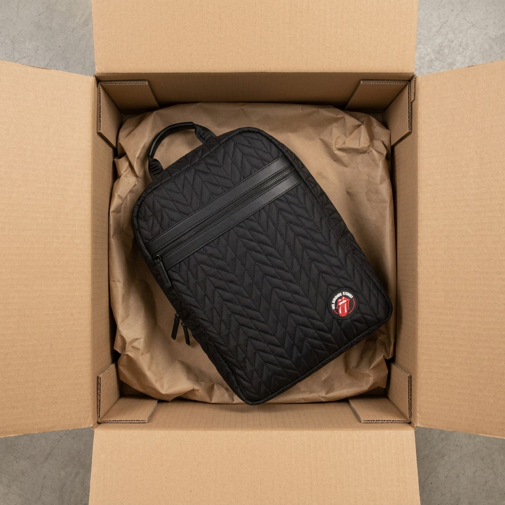 Alt text: "A top-down view of the black Bugatti Rolling Stones backpack, unboxed on a natural kraft paper sheet within a clean cardboard box."