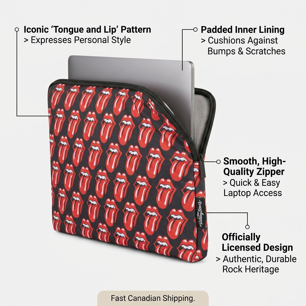 A polished e-commerce PDP graphic featuring the Bugatti high-quality laptop sleeve with the Rolling Stones icon on. Points show where points are used to add the best comfort and protection.