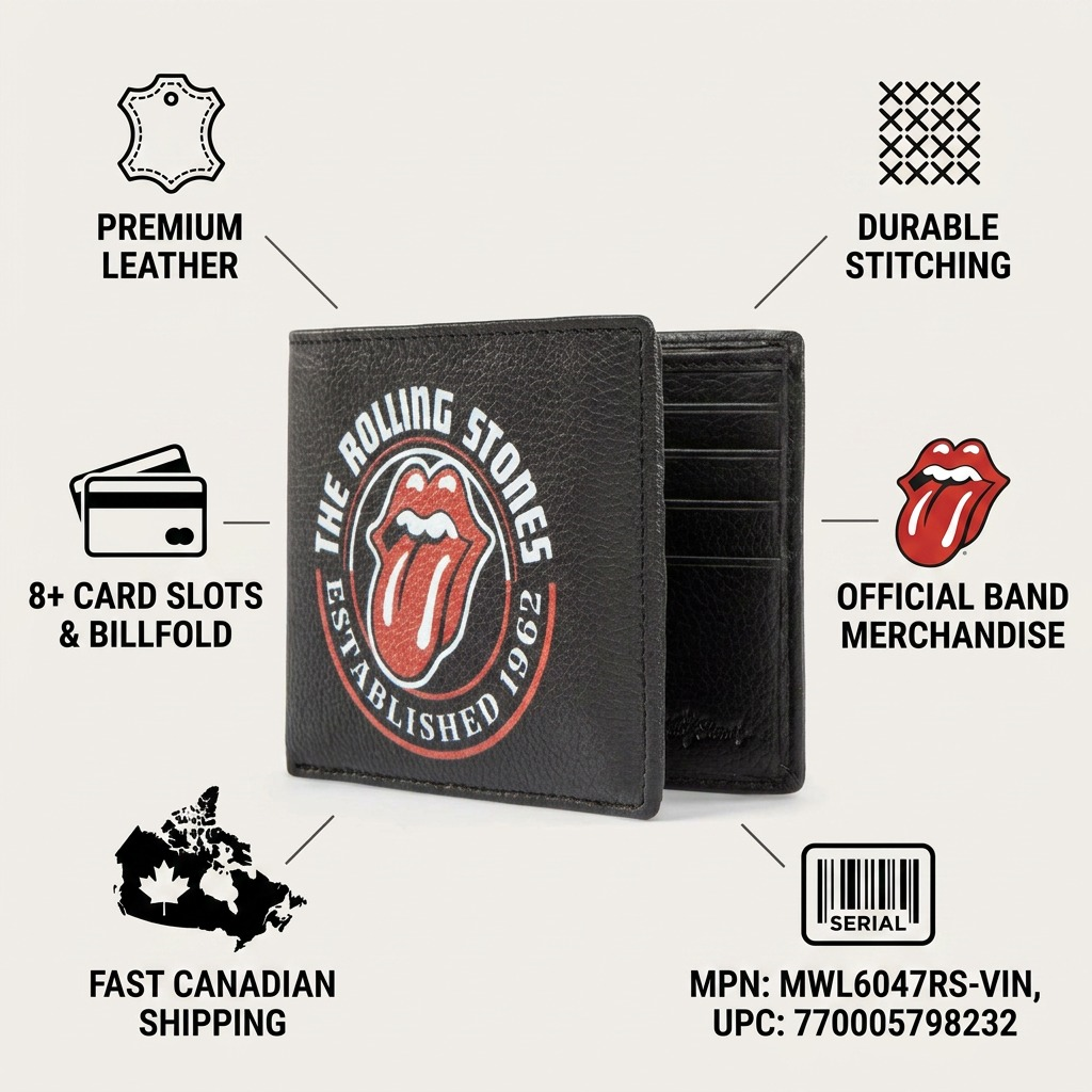 Infographic matrix for Bugatti MWL6047RS The Rolling Stones Men's Wallet, showcasing key trust features and product details.