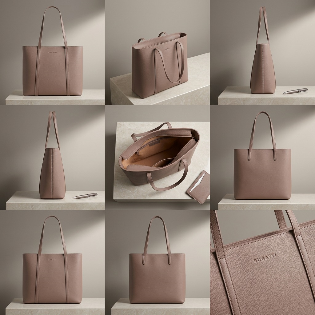 A 3x2 matrix showing the Bugatti business tote bag from six different refined angles and close-up views.