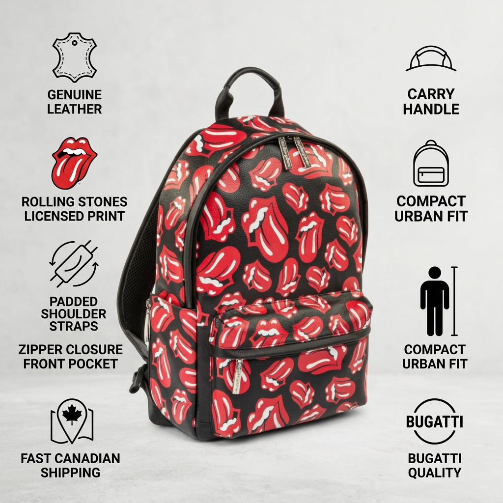 ~ This PDP infographic visual matrix showcases the Bugatti BKP6046RS Rolling Stones Watts Backpack with trust and authority cues, highlighting features like genuine leather construction, a premium Rolling Stones print, padded straps, and fast Canadian shipping. It uses clear icons and concise text for factual details.