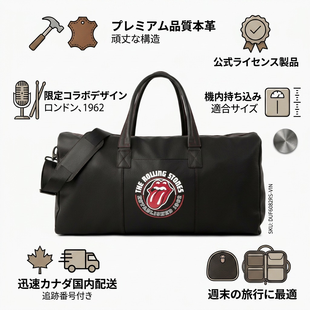 Rolling Stones leather bag product description infographic, showing features like official license pattern.