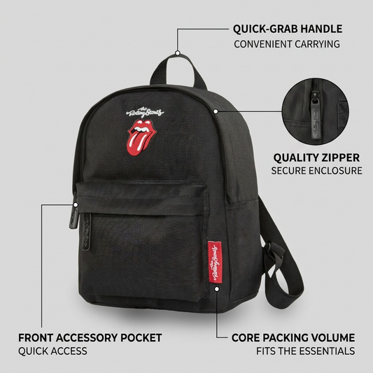 E-commerce feature shot of a black Rolling Stones mini backpack by Bugatti, detailing key components.