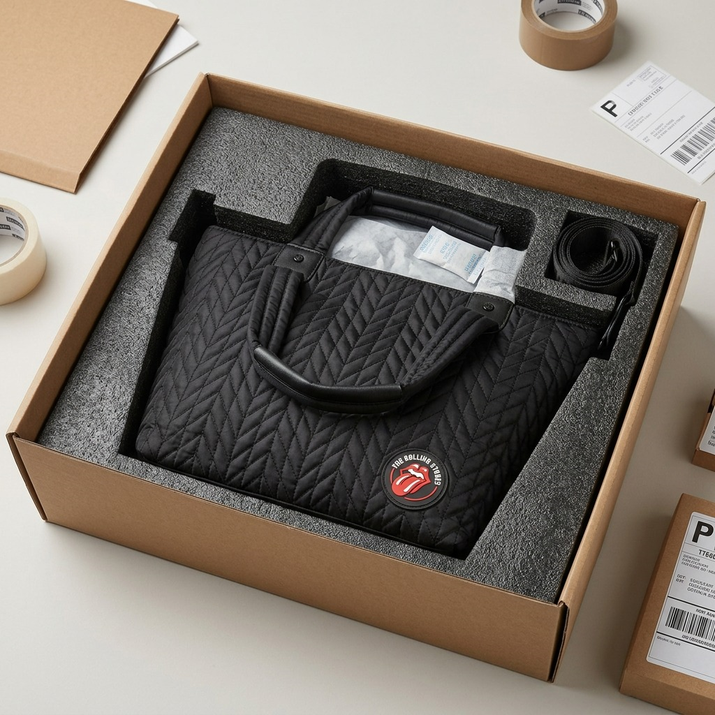 Alt Text: Premium black quilted tote bag (image_0.png) is shown in foam-lined shipping box; close-up to reduce anxiety.