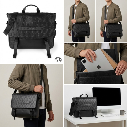Scale reference photo for Bugatti Rolling Stones messenger bag placed next to a realistic human arm and workspace elements.