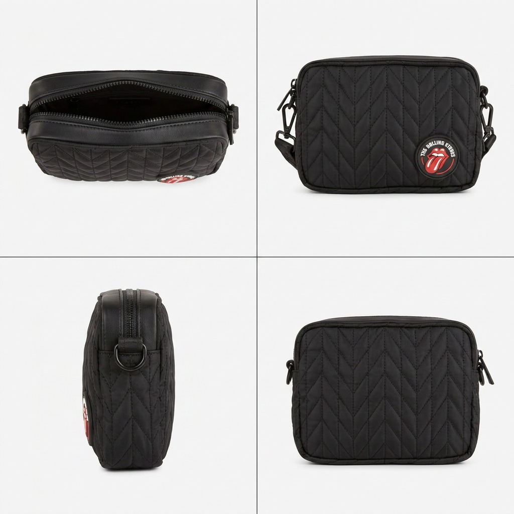 A 2x2 grid showing the black padded Rolling Stones crossbody bag from four different angles.