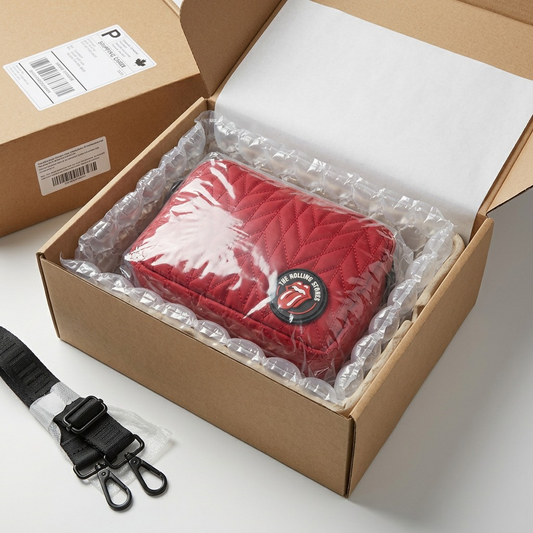 Red Rolling Stones quilted crossbody bag securely packed with bubble wrap in a shipping box, featuring a Canadian shipping label.