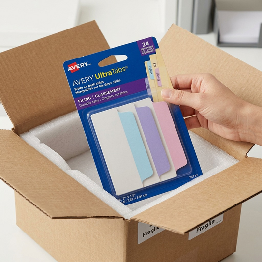 A hand model carefully unpacks an Avery UltraTabs 24-pack from pristine shipping materials.