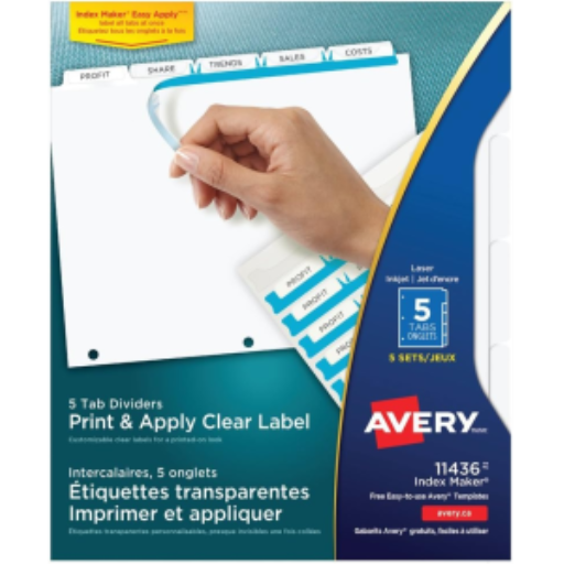 INDEX MAKER CLEAR LABEL DIVIDERS, 5 TAB, 5 SETS, WHITE