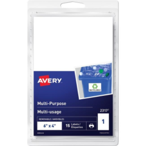 Avery® Multi-Purpose Removable Labels for Laser and Inkjet Printers, 6" x 4" Removable Matte White Paper / White / Removable