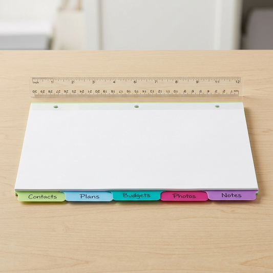 A scaling photo with Avery Big Tab 5-tab dividers on a desk beside an office ruler.