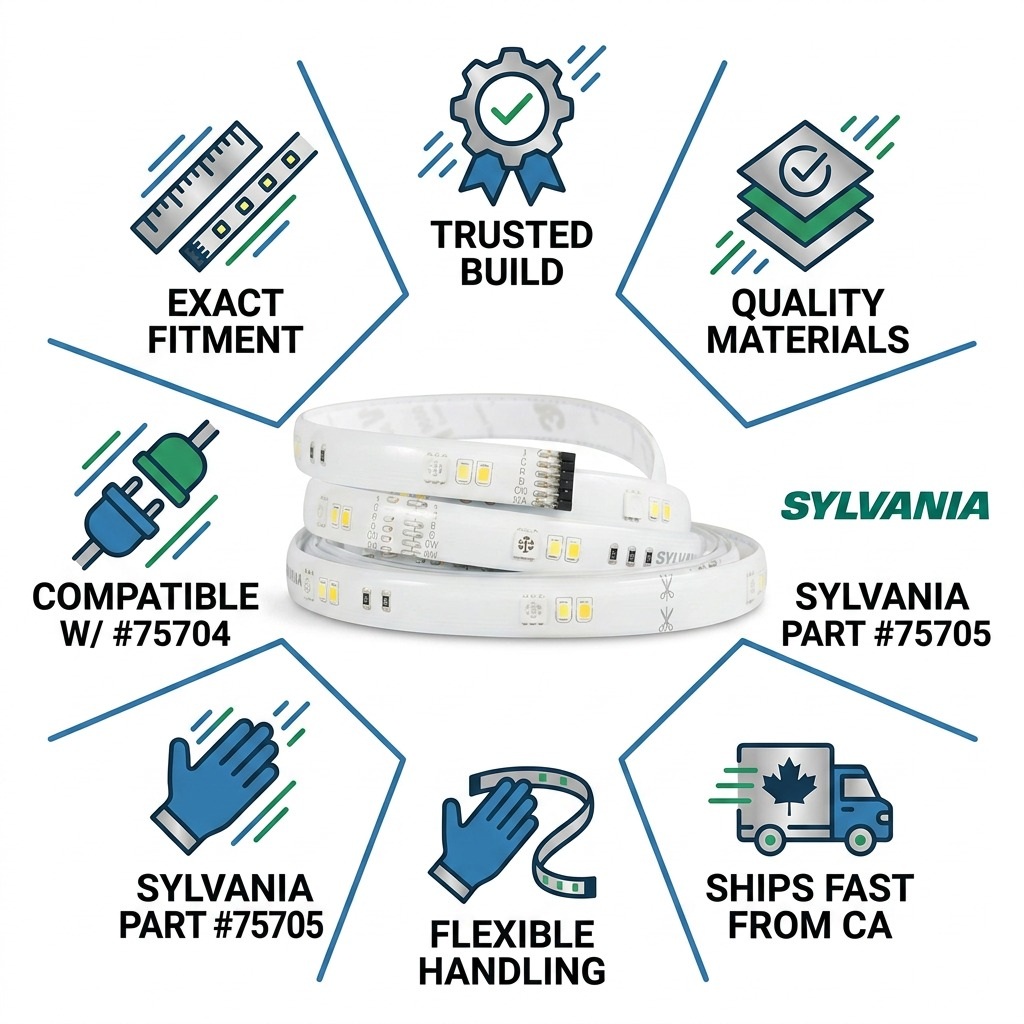 A trust and authority infographic for Sylvania LEDVANCE SMART+ WiFi Flex, featuring icons for compatibility, quality, build, fitment, and the Canadian fast shipping logo.