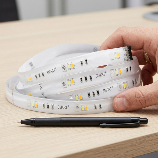An ecommerce product life-size scale reference photo showing the LEDVANCE SMART+ WiFi Flex on a wooden desk.