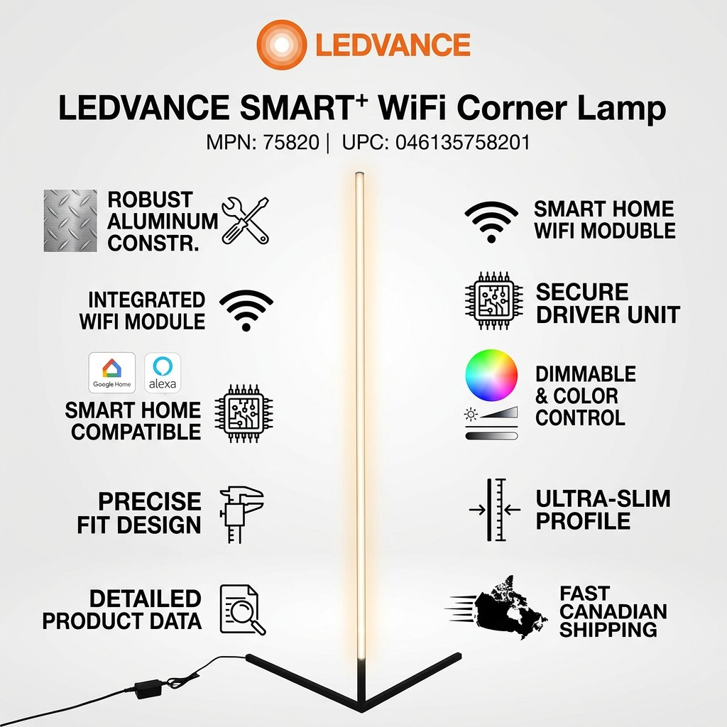 An infographic for the LEDVANCE Corner Lamp detailing specifications like WIFI control, smart compatibility, dimmable colors, aluminum build, and fast Canadian shipping.