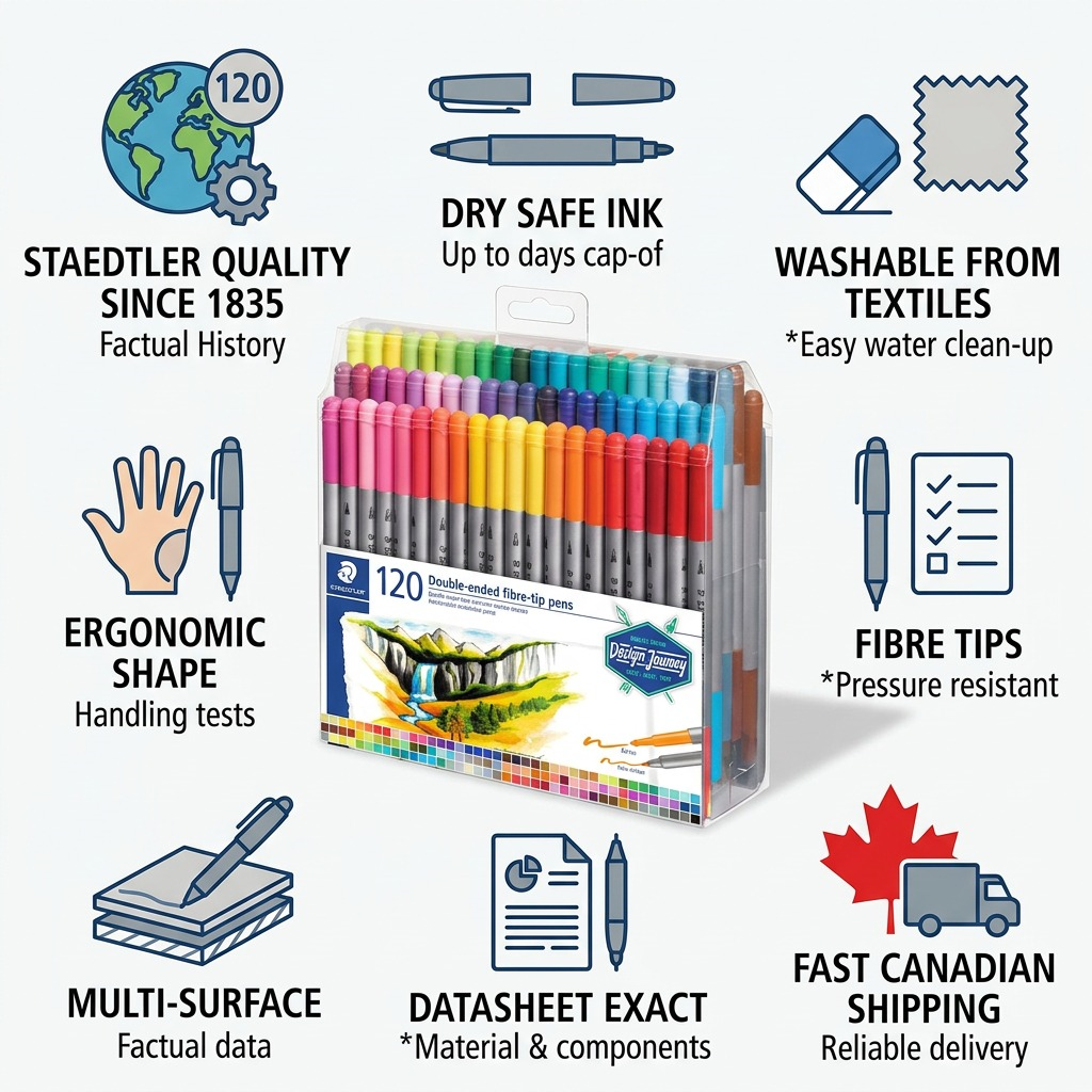 An infographic for STAEDTLER Double-ended fibre-tip pens (pk/120) with various features and benefits listed surrounding the central product visual, highlighting qualities like dry safe ink and fast Canadian shipping.