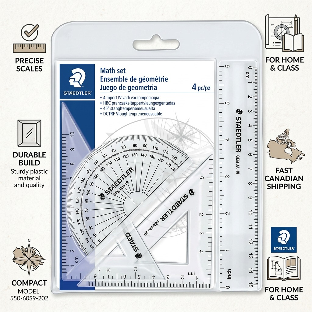 Trust infographic for STAEDTLER 4-piece math set, highlighting durability, precision, and Canadian shipping.