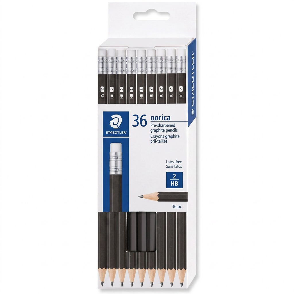 High-resolution hero shot of STAEDTLER Norica 36-pack pencils, with black barrels and white erasers.