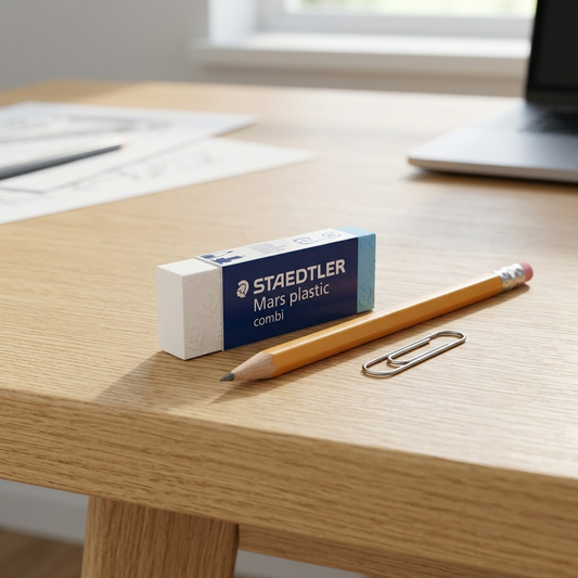 Scale reference photo of the STAEDTLER Mars plastic combi eraser with a standard size pencil on a desk.