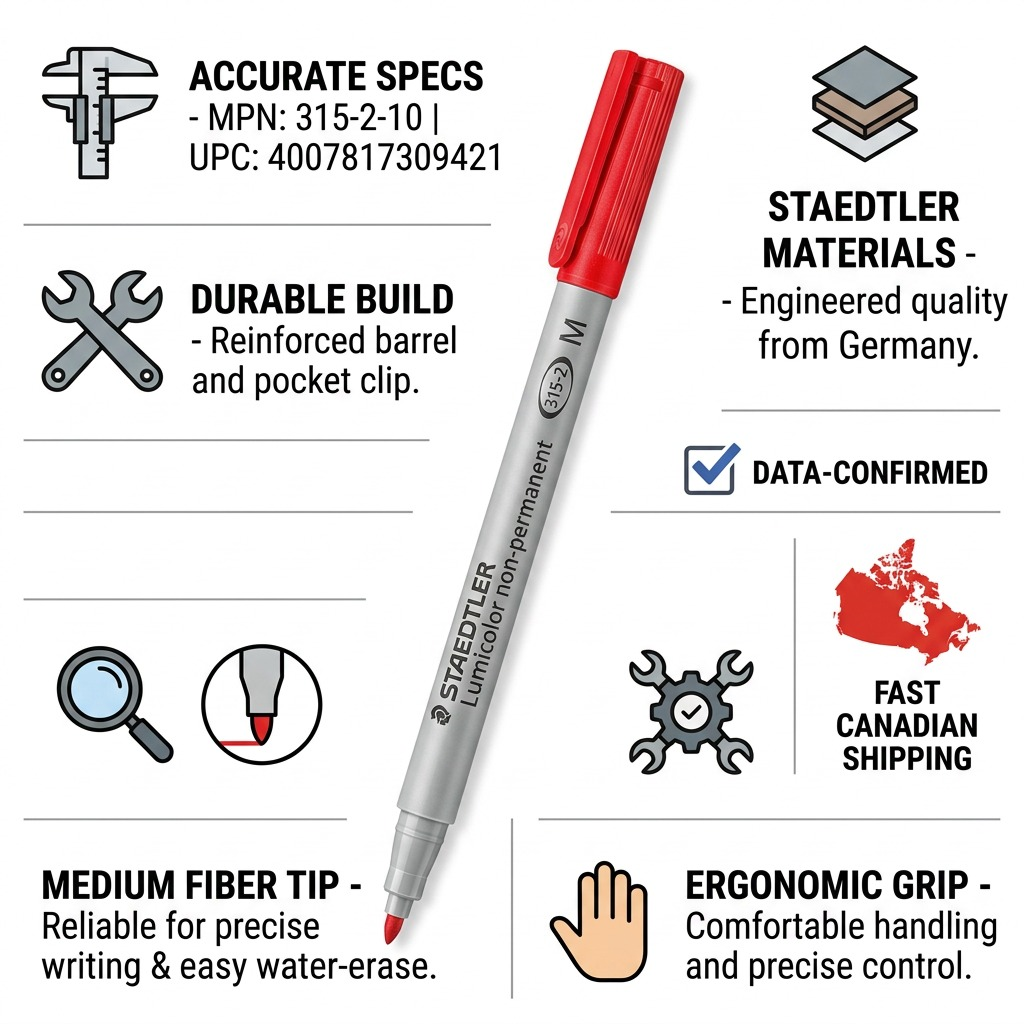 Trust and authority infographic matrix for a STAEDTLER Lumocolor red medium non-permanent marker.