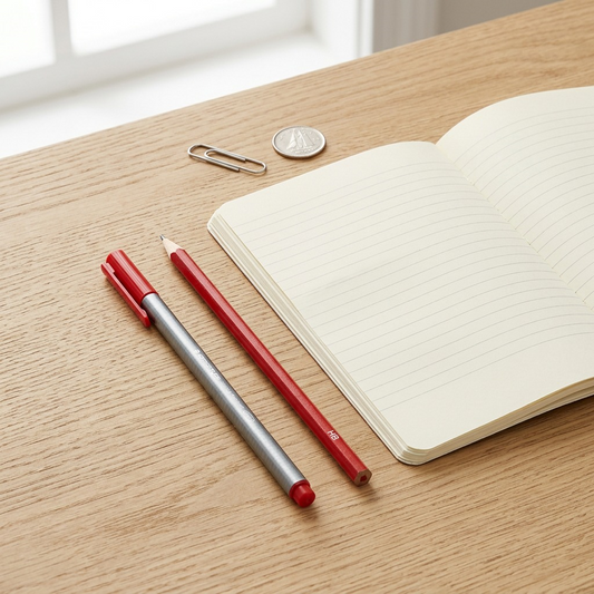 A product photograph from image_0.png showing the red STAEDTLER pen next to a pencil, coin, paper clip, and notebook for size reference.