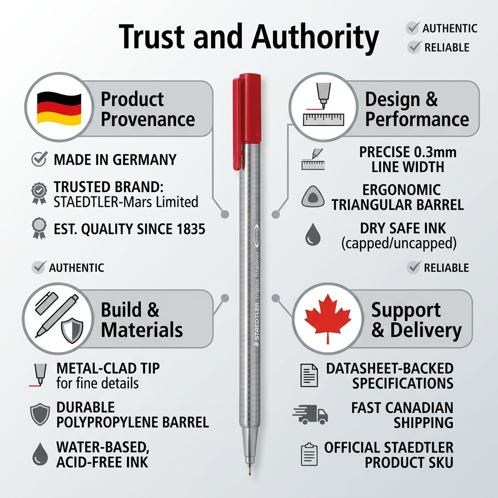 Infographic visual matrix for STAEDTLER triplus 334-2-A7 red fineliner with trust cues.