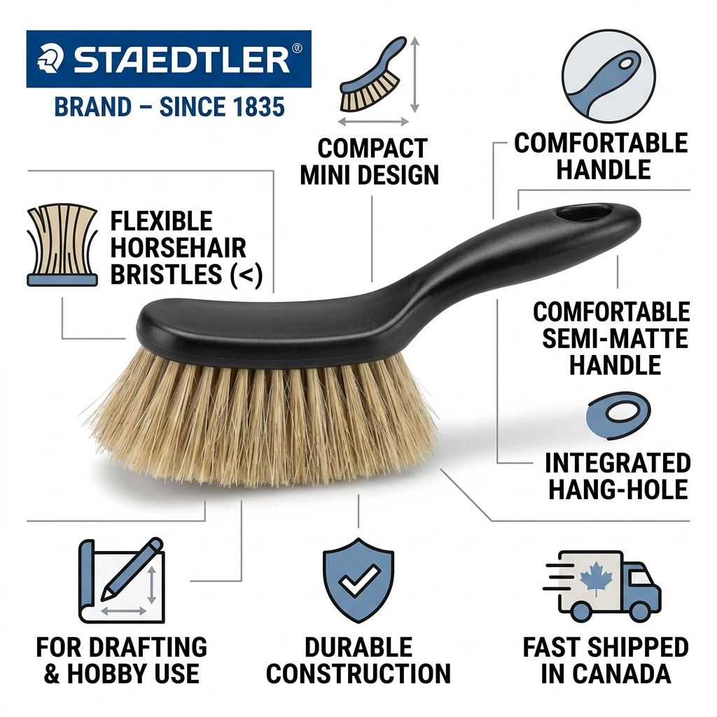 ECommerce infographic for STAEDTLER mini brush: compact design, flexible horshair bristles, fast shipping.