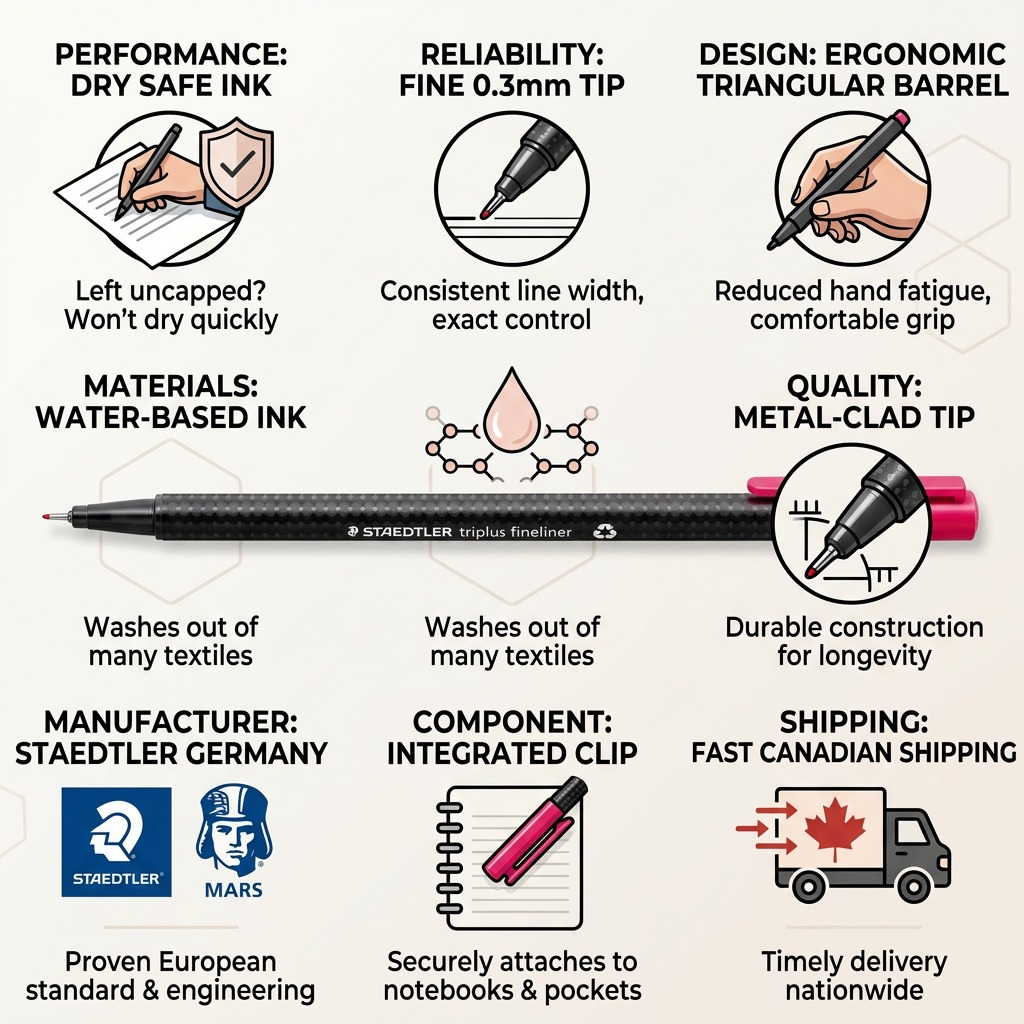 Infographic of the STAEDTLER STAEDTLER 1.250.5 triplus fineliner, showcasing features for reliability and Canadian shipping.