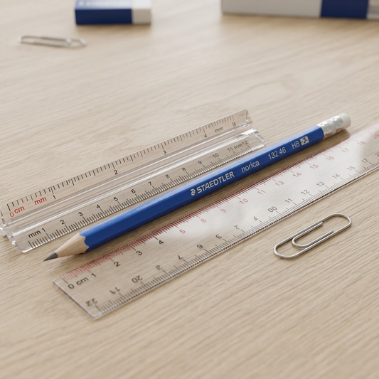 A Staedtler 132 46 CB12A pencil resting next to a standard 30cm ruler on a workbench.