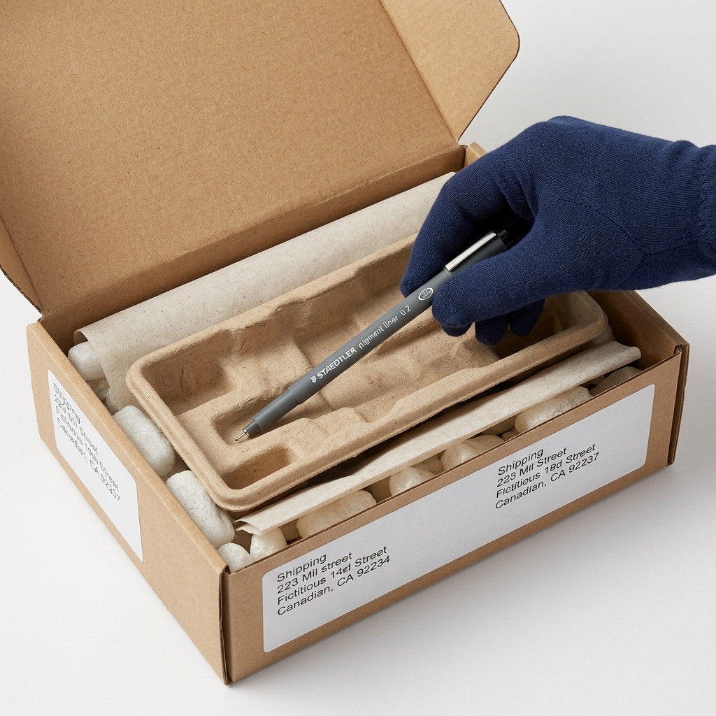 A gloved hand removes a STAEDTLER Pigment Liner 0.2 from protective cardboard and pulp packaging during unboxing.