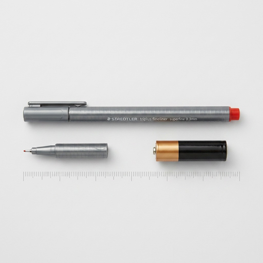 A close-up photograph comparing a single Staedtler Triplus fineliner pen against a standard AA battery for scale.