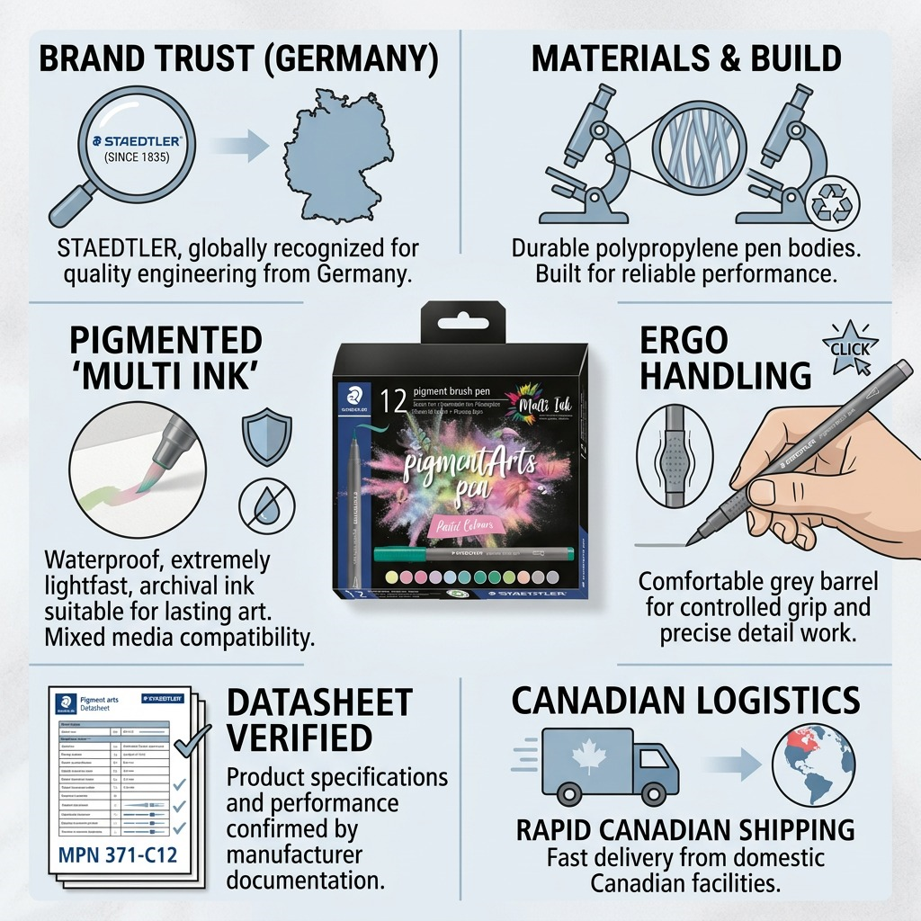 Trust and authority infographic matrix for STAEDTLER Pigment arts Brush Pastel Colours with fast Canadian shipping cues.