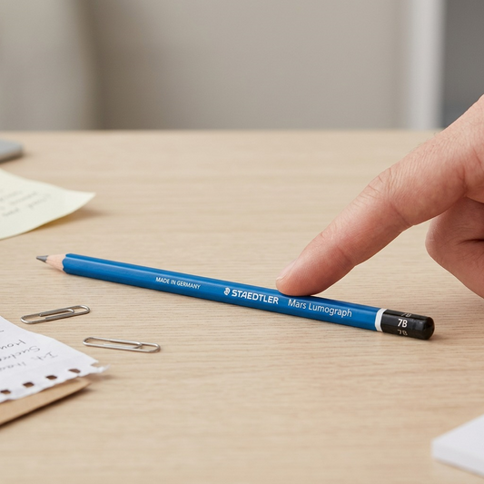 A STAEDTLER Mars Lumograph 7B pencil on a wood desk next to a human finger for scale reference.