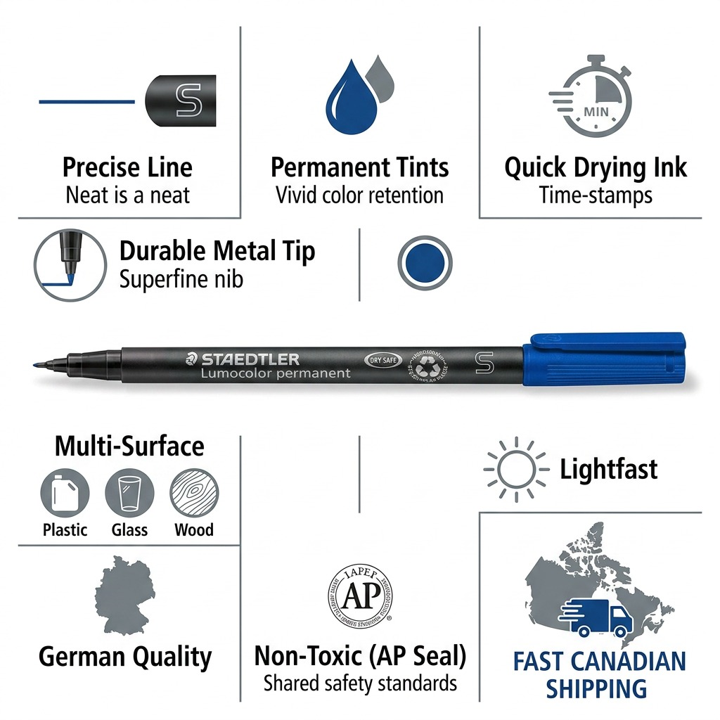 Trust & authority info matrix for the blue superfine STAEDTLER permanent marker with features and Canadian shipping.