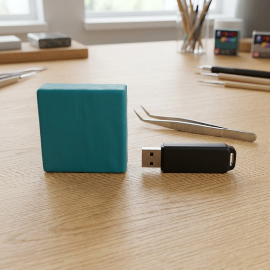 STAEDTLER FIMO Professional Petrol block next to a USB stick for scale, without text or specific packaging.